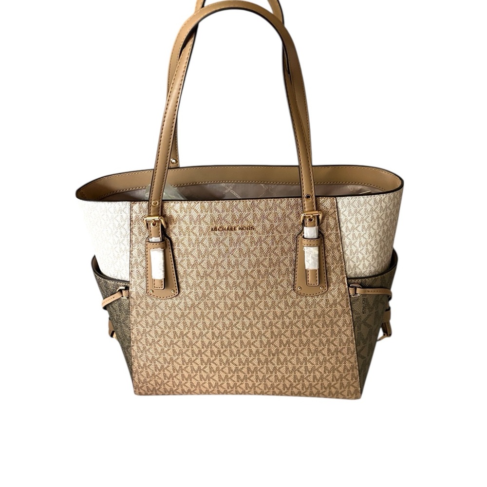Michael Kors Voyager Large Color-Block Signature Logo Tote Bag ,camel,gold & tan